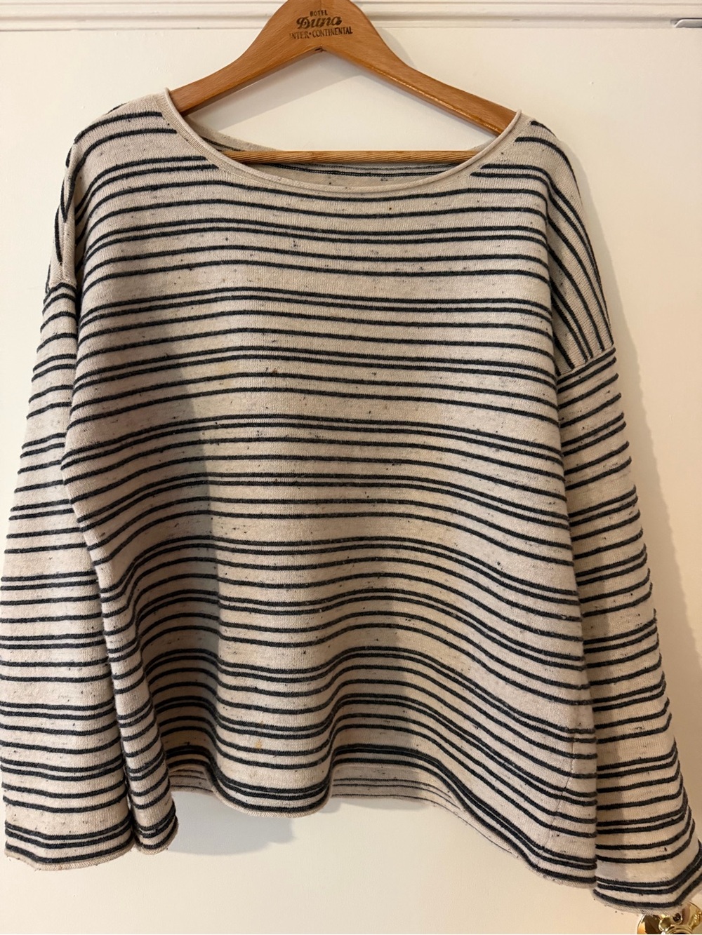 Eileen Fisher Cream and Black Striped Boatneck Sweater